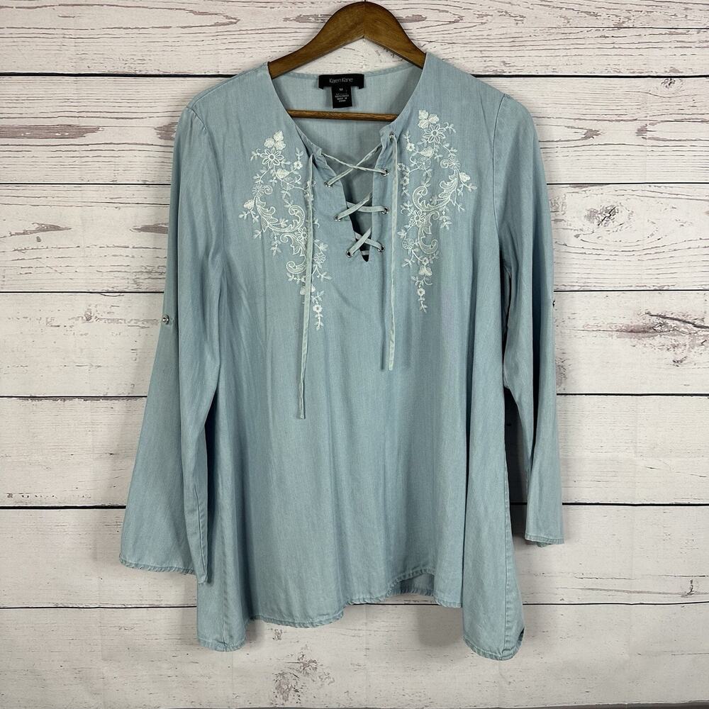 Karen‎ Kane Top Shirt Womens Medium Blue Chambray Embroidered Floral Cottage